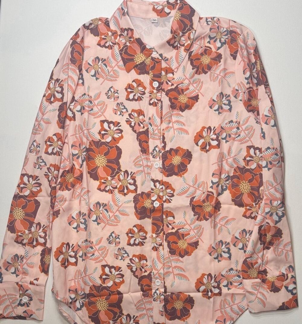 Women’s Floral Button Up Blouse Size M Pink Orange Retro Print Long Sleeve